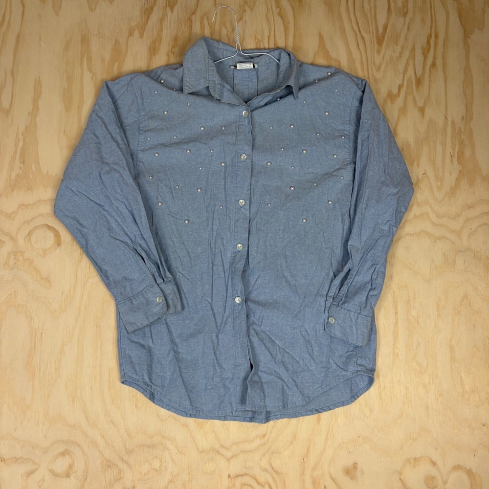 Dreams Vintage Womens Medium Blue Chambray Pearl Studded Button Down Shirt Denim